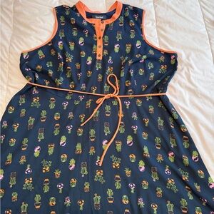 ModCloth Navy Midi Dress with Neon Orange Trim and Cactus Print
